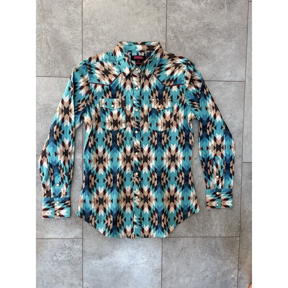 Rock & Roll Denim Women's Western Snap Shirt Aztec Print Size Small Southwestern